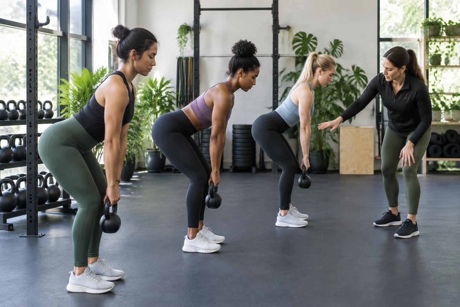 Women practicing kettlebell hip hinges with a coach